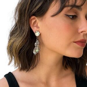 Vintage Aurora Borealis Crystal Dangle Clip Earrings AB Faceted Drop 2”